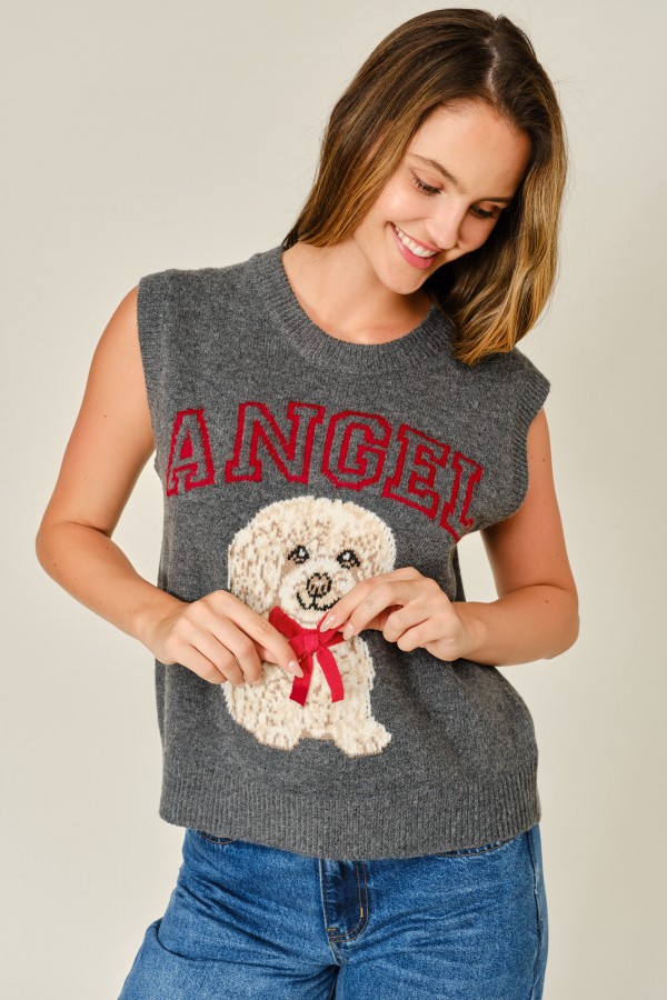 AJT6626 / Aaron & Amber<br/>COZY DOG GRAPHIC WOOL BLEND SWEATER VEST
