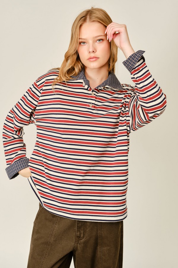 AJT6642 / Aaron & Amber<br/>PLAID COLLAR STRIPED POLO SWEATSHIRTS