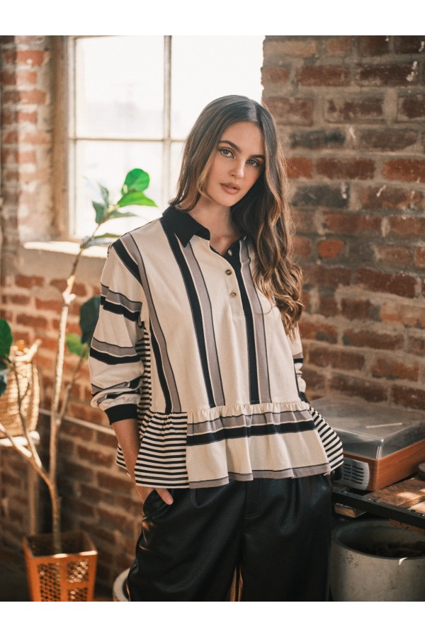 AJT6665 / Aaron & Amber<br/>STRIPED PEPLUM HALF BUTTON DOWN POLO SWEATSHIRTS