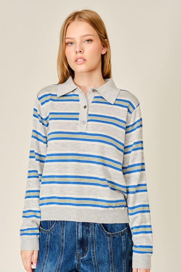 AJT6668 / Aaron & Amber<br/>MULTI-COLOR STRIPED HALF-BUTTON POLO SWEATER