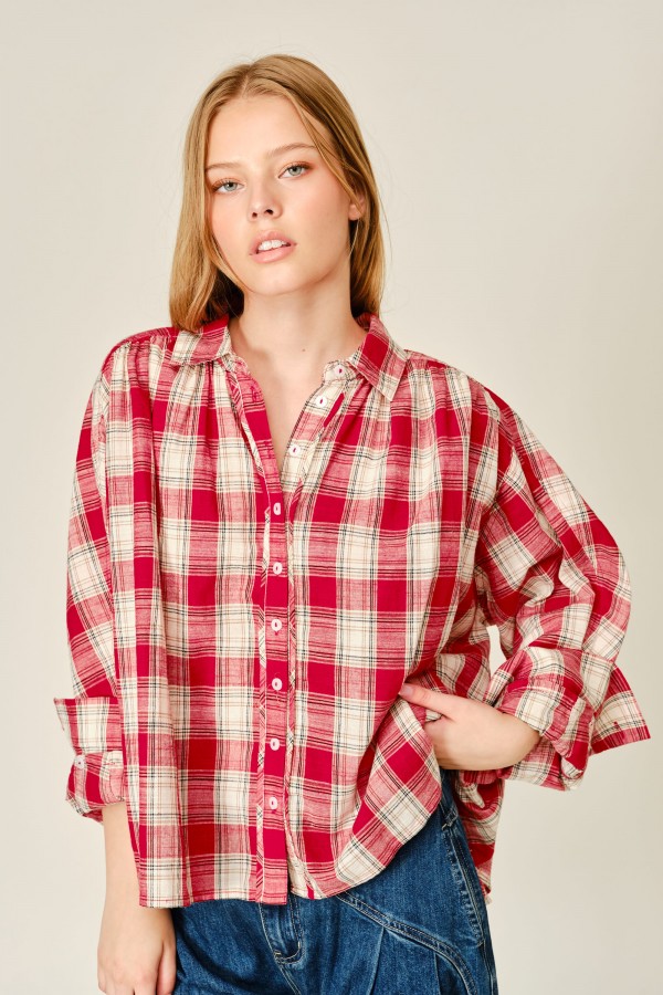 AJT6685 / Aaron & Amber<br/>LIGHTWEIGHT PLAID FOLDABLE SLEEVE BLOUSE