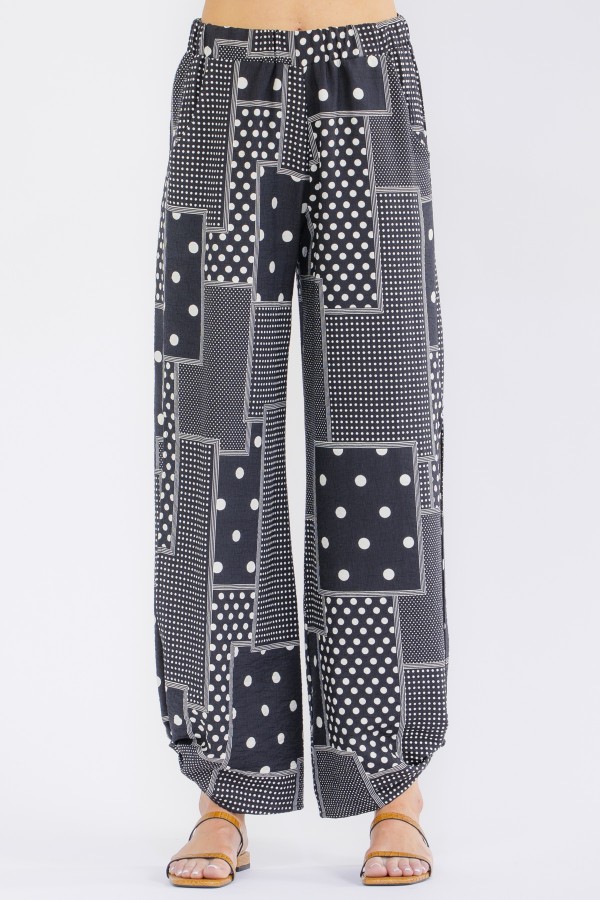P6338 / 7th Ray<br/>PATCHWORK POLKA DOT WIDE LEG ANKLE TIE PANTS