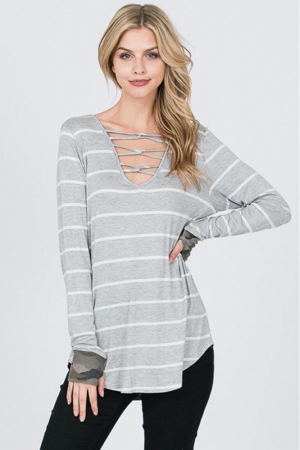 T1898 / 7th Ray<br/>STRIPED CRISSCROSS LONG SLEEVE TOP