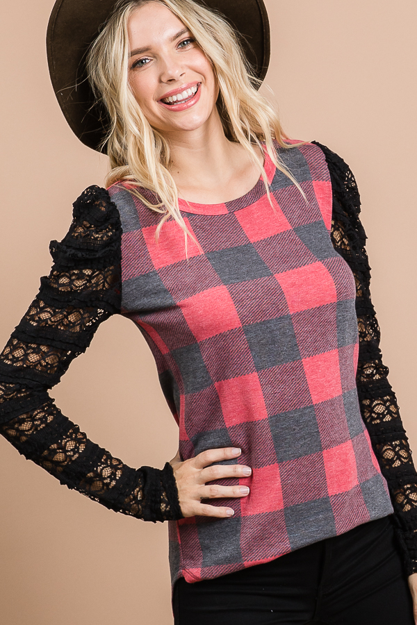 T3674 / 7th Ray<br/>PLAID LACE SLEEVE TOP