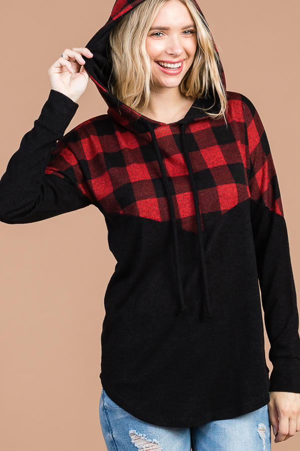 T3773 / 7th Ray<br/>PLAID DRAWSTRING HOODED TOP