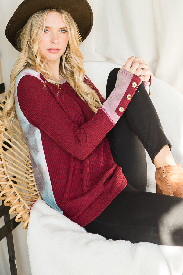 T3831 / 7th Ray<br/>TIE DYE CONTRAST LONG SLEEVE TOP