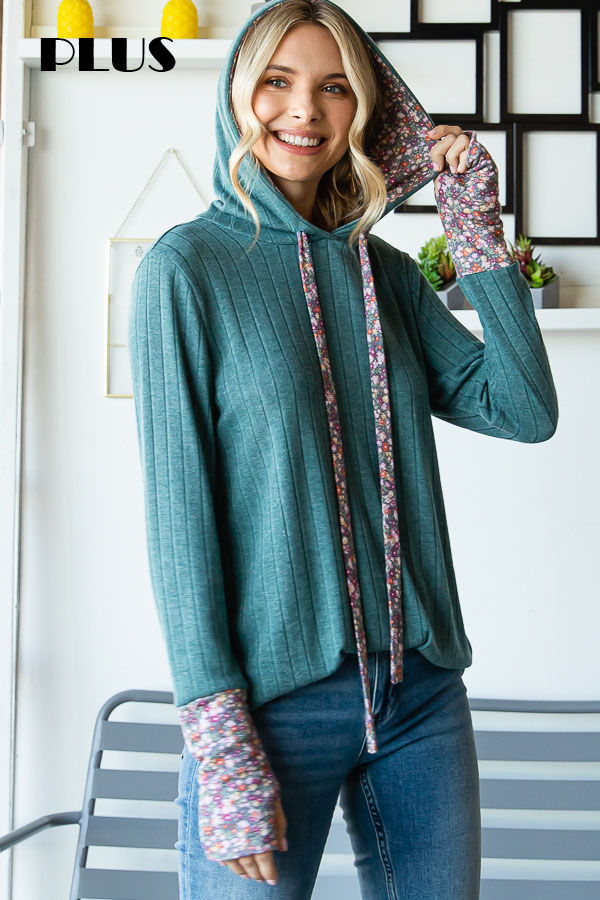 T4973XL / 7th Ray<br/>PLUS FLORAL CONTRASTDRAWSTRING HOODED SWEATSHIRT