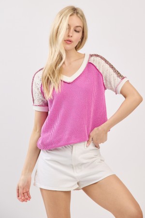 T5979 / 7th Ray<br/>MIXED FABRIC LACE & LEOPARD DETAIL V NECK TOP