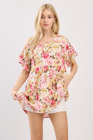 T5981 / 7th Ray<br/>FLORAL TIERED RUFFLE SLEEVE TOP