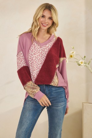 T5993 / 7th Ray<br/>MULTI FABRIC PATCHWORK V NECK LONG SLEEVE TOP