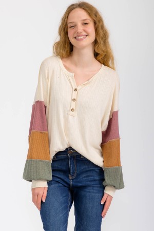 T6036XL / 7th Ray<br/>PLUS BUTTON FRONT COLOR BLOCK SLEEVE PULLOVER TOP