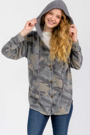 T6037XL / 7th Ray<br/>PLUS SOFT BRUSHED CAMO PRINT HOODED SHACKET