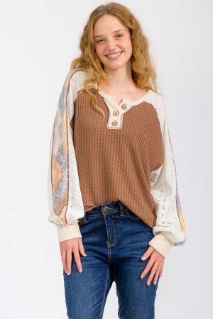 T6051XL / 7th Ray<br/>PLUS MIXED FABRIC PATCHWORK HENLEY TOP