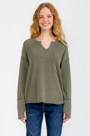 T6053XL / 7th Ray<br/>PLUS RIB KNIT NOTCHED NECK PULLOVER TOP