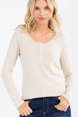 T6087 / 7th Ray<br/>SOLID RIBBED BUTTON FRONT LONG SLEEVE TOP