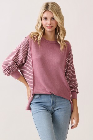 T6114 / 7th Ray<br/>STRIPE CONTRAST PULLOVER TOP