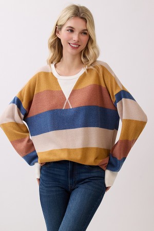 T6120 / 7th Ray<br/>MULTI COLOR STRIPE BRUSHED KNIT PULLOVER TOP