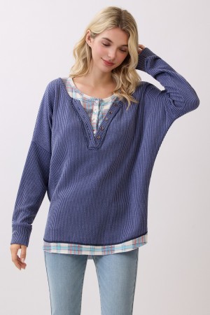 T6121 / 7th Ray<br/>PLAID LAYERED TRIM PULLOVER TOP