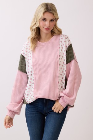 T6123 / 7th Ray<br/>RIB KNIT FLORAL COLOR BLOCK PULLOVER TOP