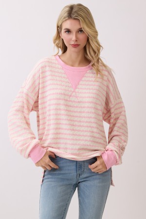 T6128 / 7th Ray<br/>STRIPE KNIT DROP SHOULDER PULLOVER TOP