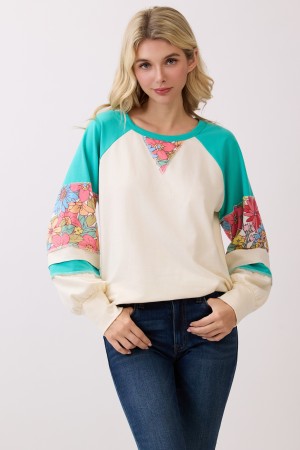 T6130XL / 7th Ray<br/>PLUS FLORAL CONTRAST COLOR BLOCK PULLOVER TOP