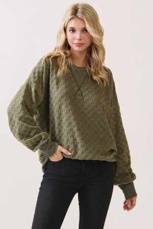 T6138 / 7th Ray<br/>SOFT TEXTURED CHECKER KNIT PULLOVER SWEATSHIRT