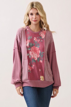 T6144 / 7th Ray<br/>FLORAL & STRIPE PATCHWORK PULLOVER TOP