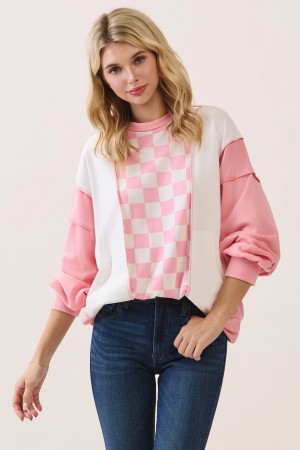 T6172 / 7th Ray<br/>CHECKER PRINT DROP SHOULDER PULLOVER TOP