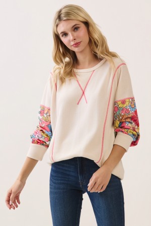 T6176 / 7th Ray<br/>FLORAL CONTRAST SLEEVE PULLOVER TOP