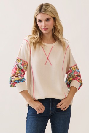T6176XL / 7th Ray<br/>PLUS FLORAL CONTRAST SLEEVE PULLOVER TOP