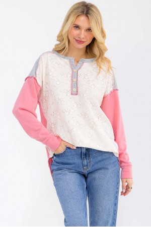 T6193 / 7th Ray<br/>FLORAL LACE CONTRAST SLEEVE HENLEY TOP