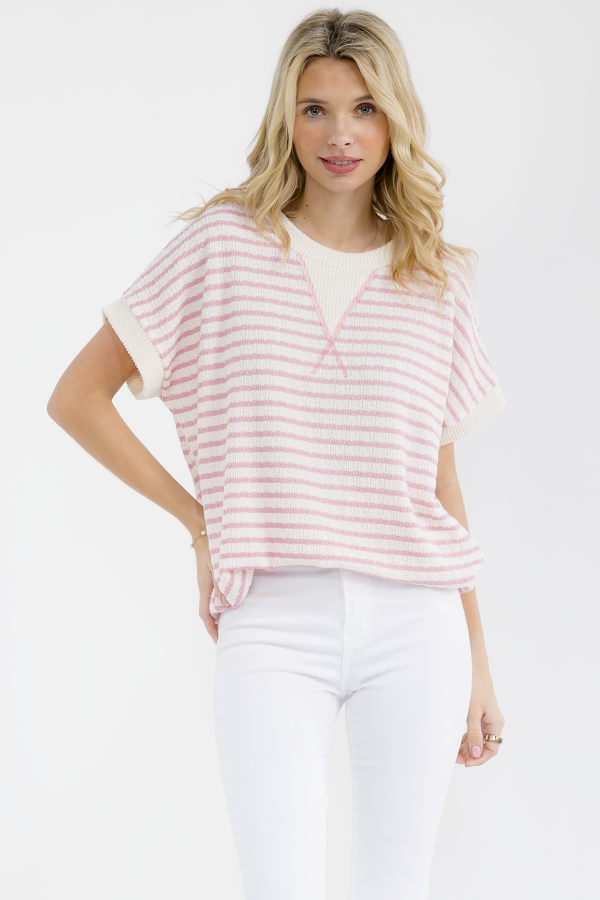 T6212 / 7th Ray<br/>TEXTURED STRIPE KNIT SHORT SLEEVE TOP