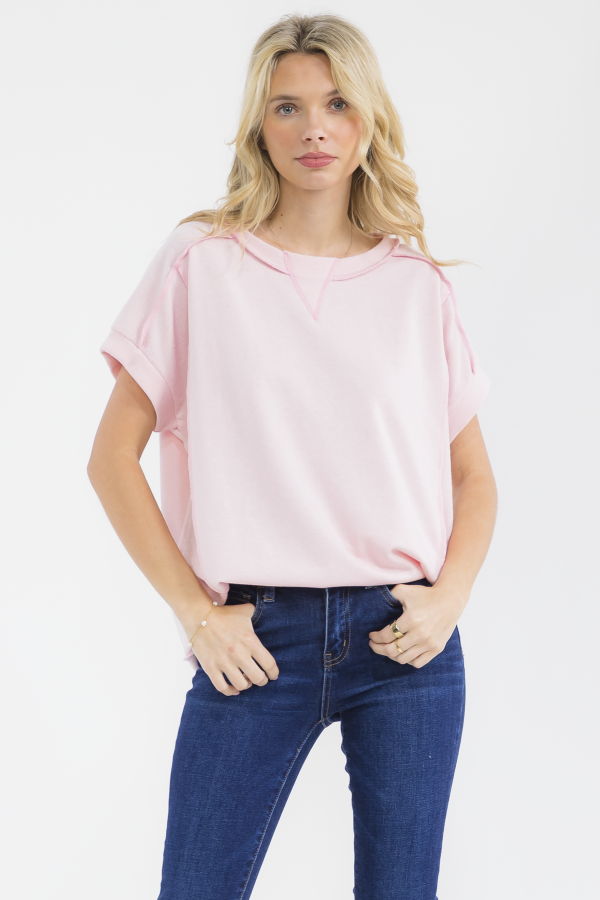 T6240 / 7th Ray<br/>TEXTURED CONTRAST EXPOSED SEAM SHORT SLEEVE TOP