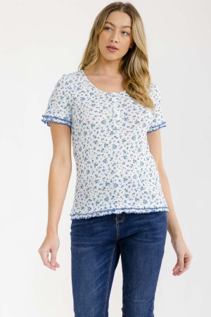 T6261XL / 7th Ray<br/>DITSY FLORAL RUFFLE TRIM HENLEY TOP