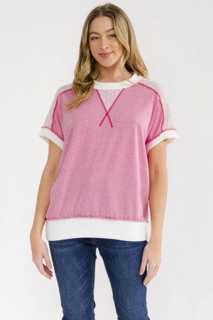T6262 / 7th Ray<br/>CONTRAST TRIM SHORT SLEEVE PULLOVER TOP
