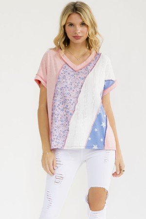 T6263 / 7th Ray<br/>PATCHWORK CONTRAST KNIT TOP