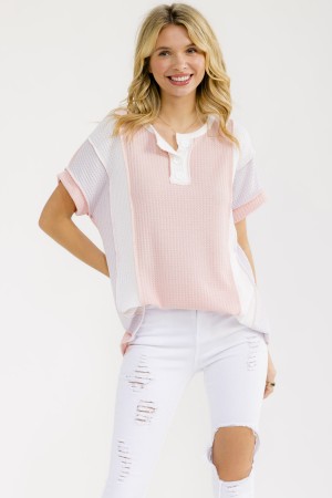 T6264 / 7th Ray<br/>COLOR BLOCK WAFFLE KNIT HENLEY TOP