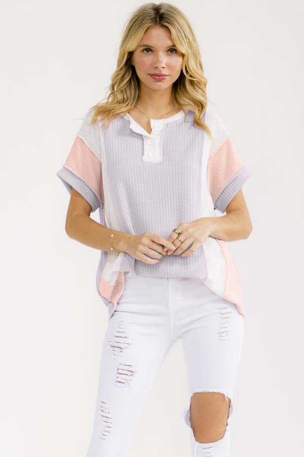 T6264XL / 7th Ray<br/>PLUS COLOR BLOCK WAFFLE KNIT HENLEY TOP