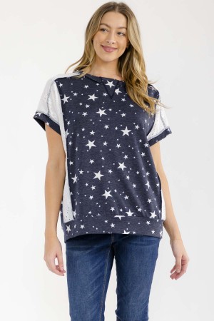 T6278XL / 7th Ray<br/>PLUS STAR PRINT EYELET CONTRAST TOP