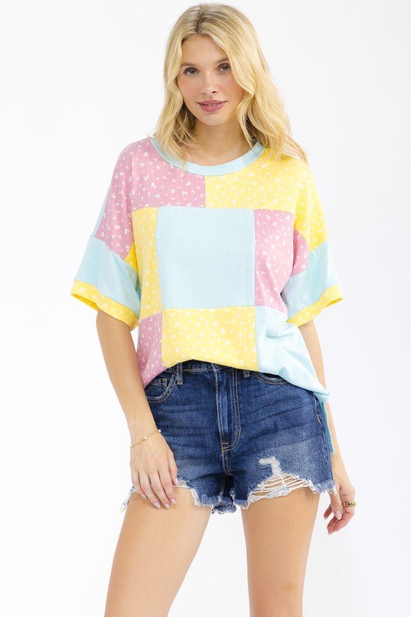 T6303 / 7th Ray<br/>FLORAL PATCHWORK SHORT SLEEVE TOP