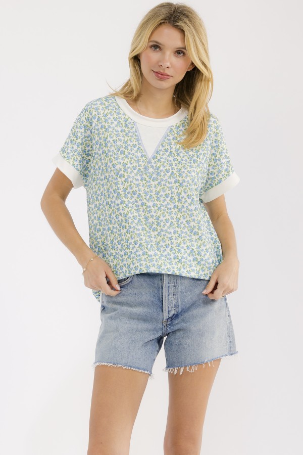 T6307 / 7th Ray<br/>FLORAL PRINT ROLLED SHORT SLEEVE KNIT TOP