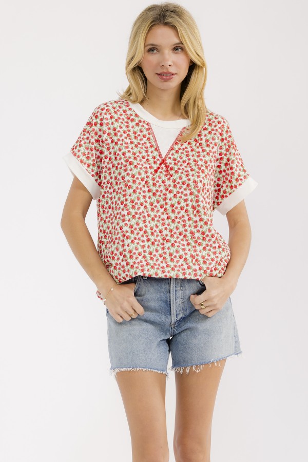 T6307XL / 7th Ray<br/>PLUS FLORAL PRINT ROLLED SHORT SLEEVE KNIT TOP