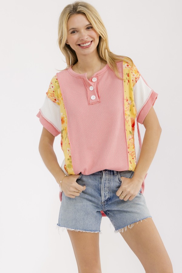 T6308 / 7th Ray<br/>FLORAL PATCHWORK RIBBED HENLEY TOP