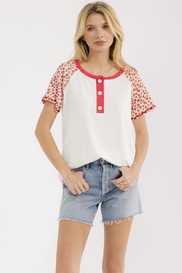 T6311XL / 7th Ray<br/>PLUS FLORAL RAGLAN SLEEVE HENLEY TOP