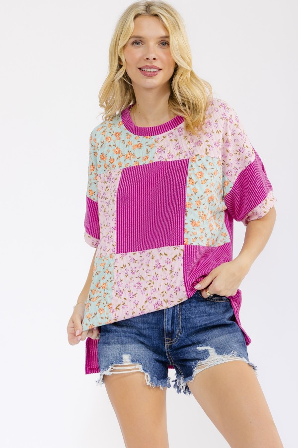 T6320XL / 7th Ray<br/>PLUS FLORAL PATCHWORK SHORT SLEEVE TOP