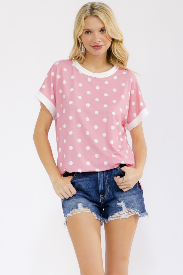 T6325 / 7th Ray<br/>POLKA DOT CONTRAST SHORT SLEEVE TOP