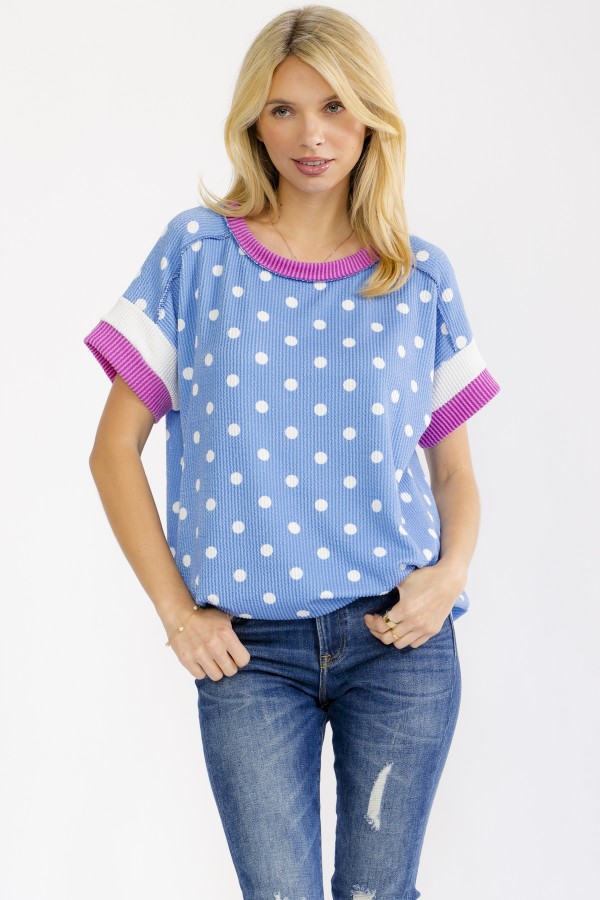 T6349 / 7th Ray<br/>POLKA DOT CONTRAST TRIM SHORT SLEEVE TOP