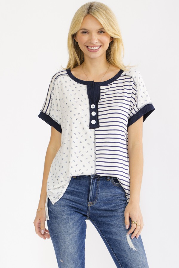 T6351XL / 7th Ray<br/>PLUS MIXED PRINT CONTRAST HENLEY TOP