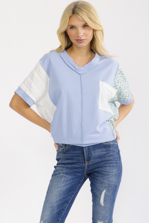 T6354 / 7th Ray<br/>COLOR BLOCK V NECK POCKET TOP
