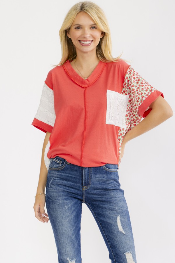T6354XL / 7th Ray<br/>PLUS COLOR BLOCK V NECK POCKET TOP